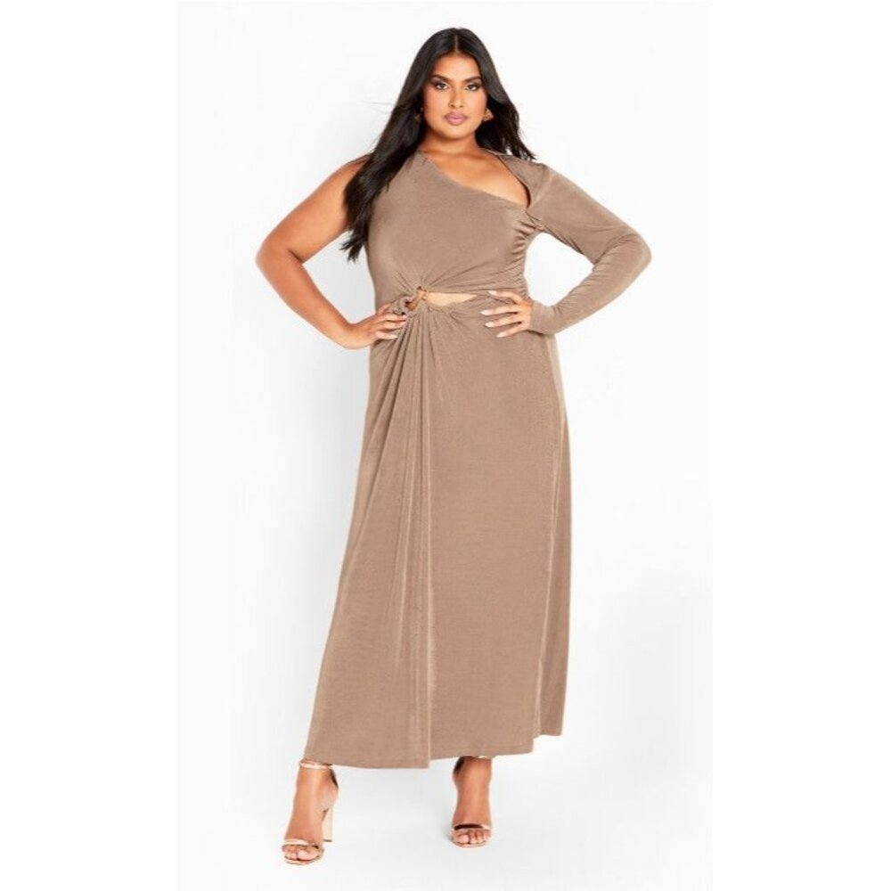 City Chic Paola Asymmetrical Stretch Maxi Dress Mocha Light Brown 18 NEW